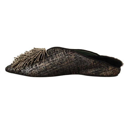 Paola D'Arcano Gold Jacquard Leather Embellished Slip On Shoes