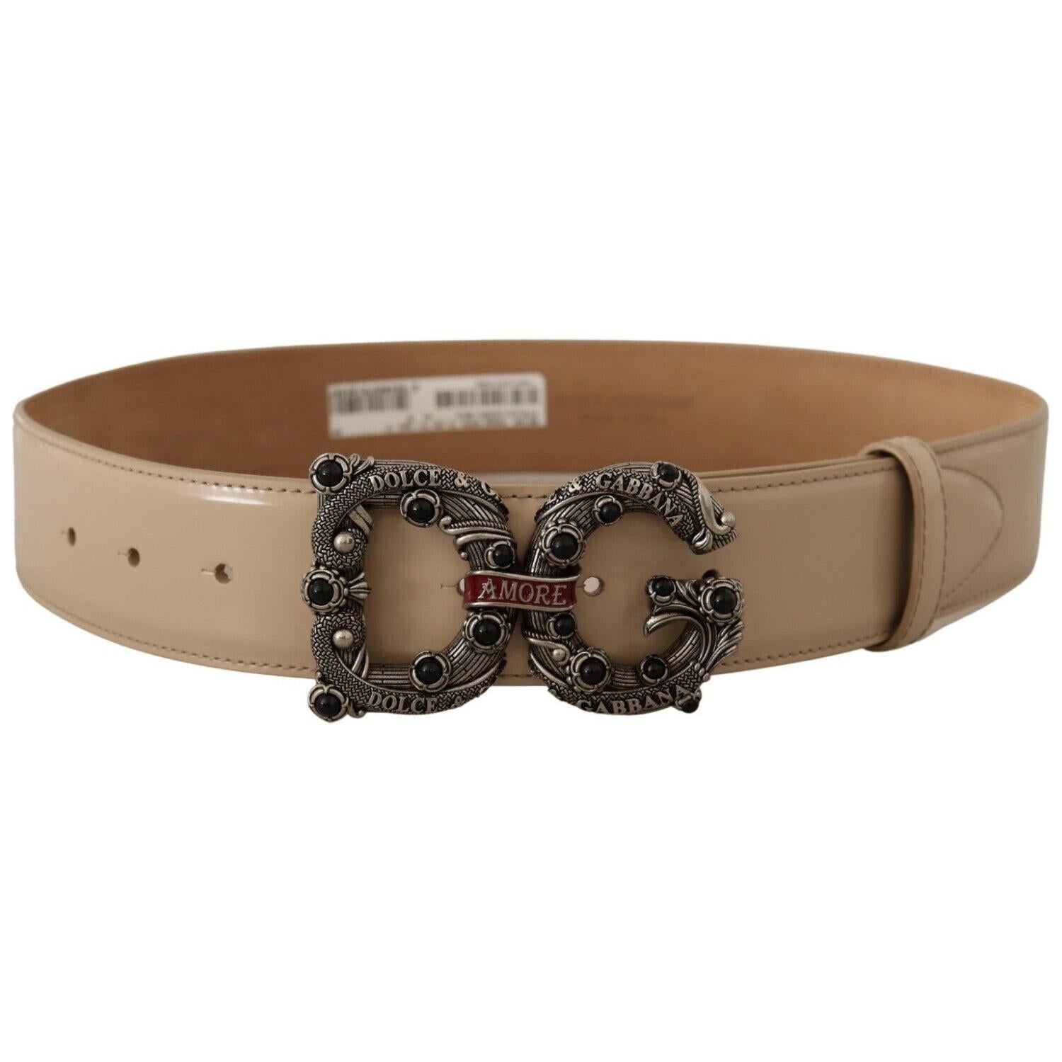 Dolce & Gabbana Beige Leather Silver Logo Buckle Amore Belt
