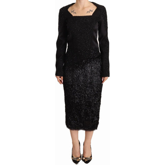 Masha Ma Black Studs Embellished Long Sleeves Sheath Midi Dress DR28584 - 44