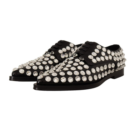 Dolce & Gabbana Black Leather Crystals Lace Up Formal Shoes