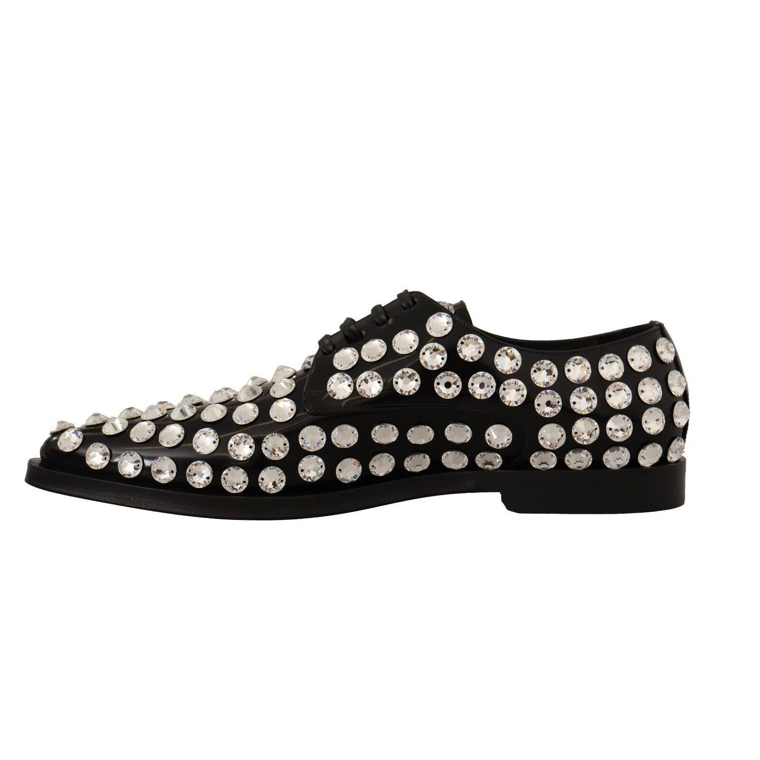Dolce & Gabbana Black Leather Crystals Lace Up Formal Shoes