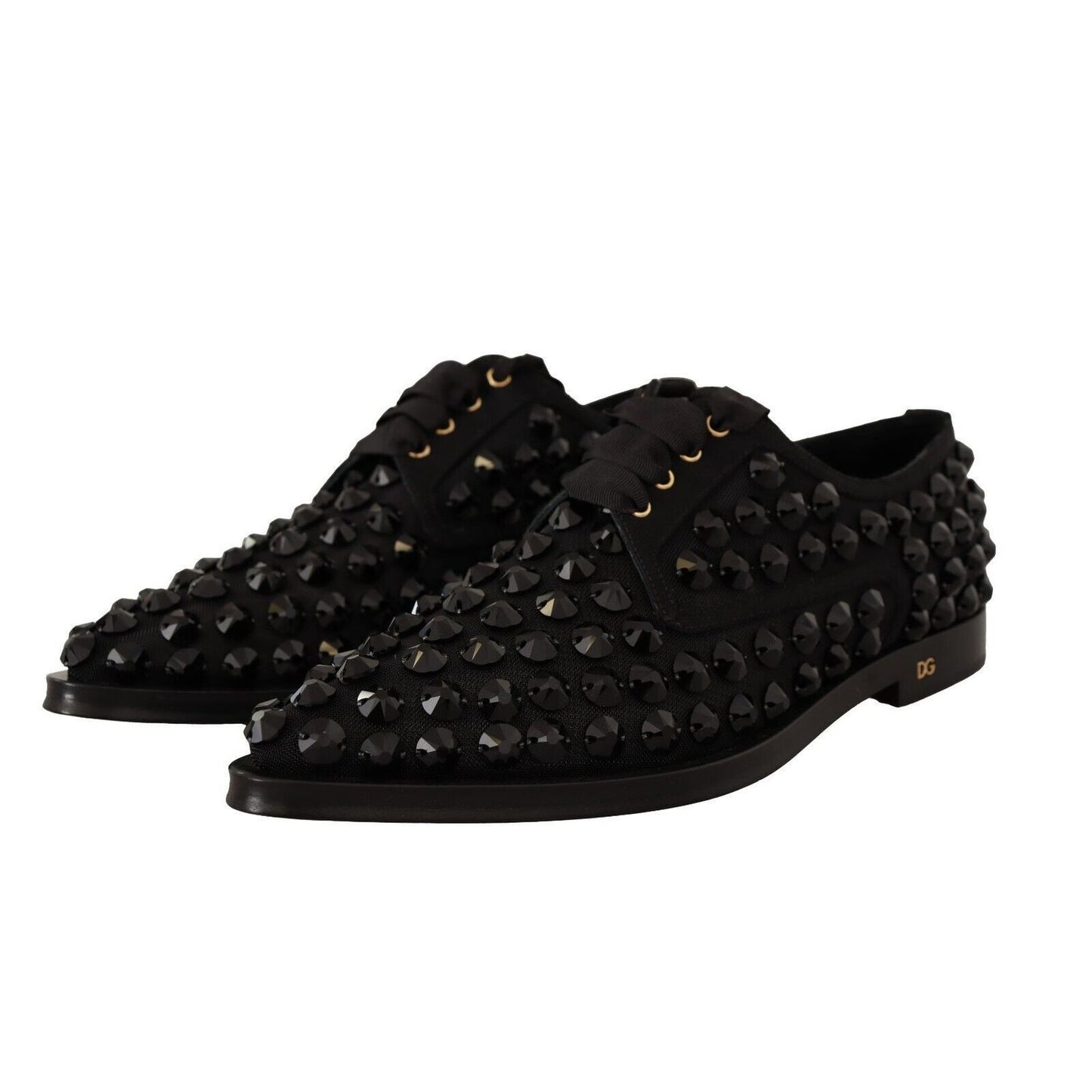 Dolce & Gabbana Black Lace Up Studded Formal Flats Shoes