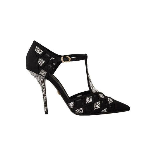 Dolce & Gabbana Black Crystals T-strap Heels Pumps Shoes LA9633 - 39