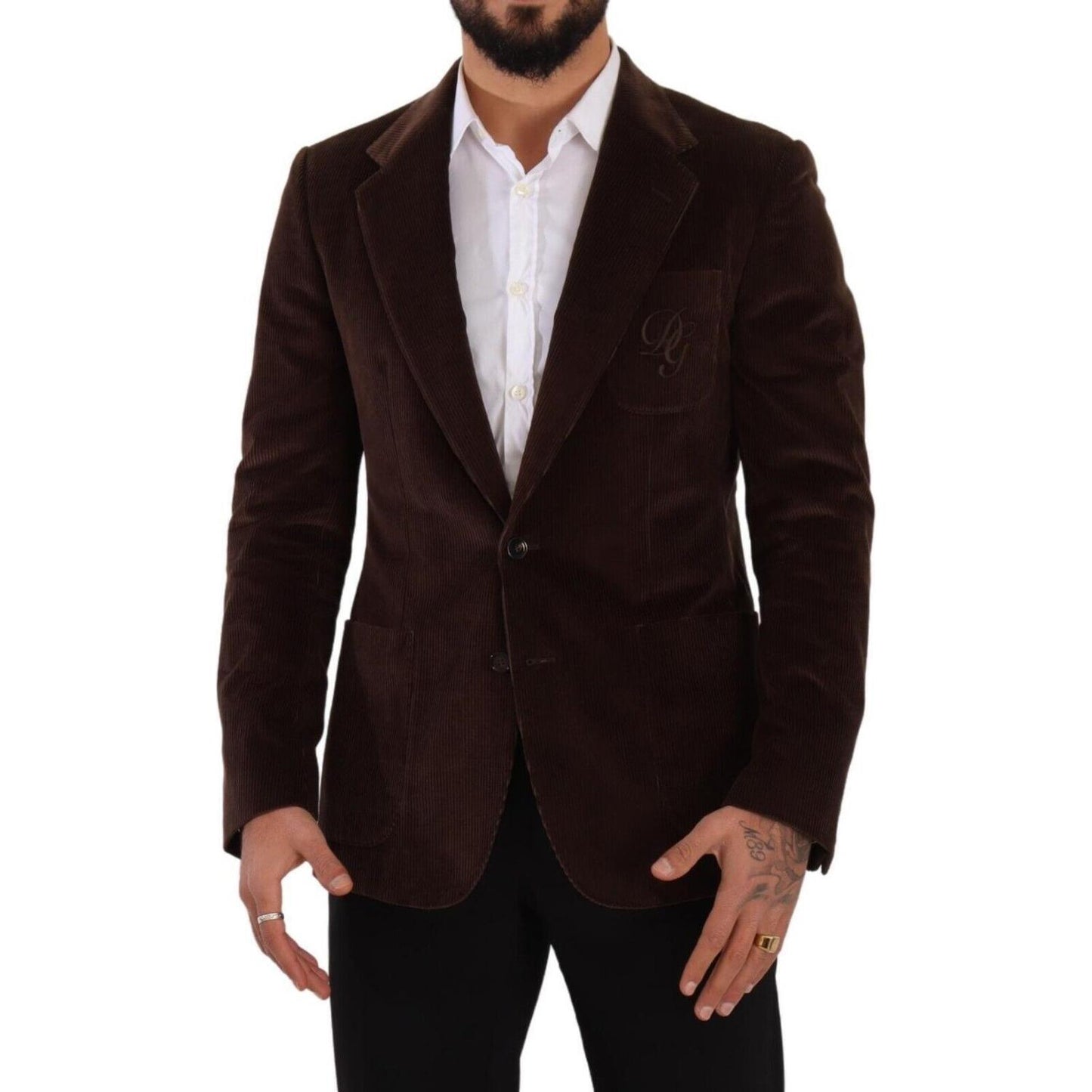 Dolce & Gabbana Brown Corduroy Slim Fit Coat DG Logo Blazer KOS1924 - 50