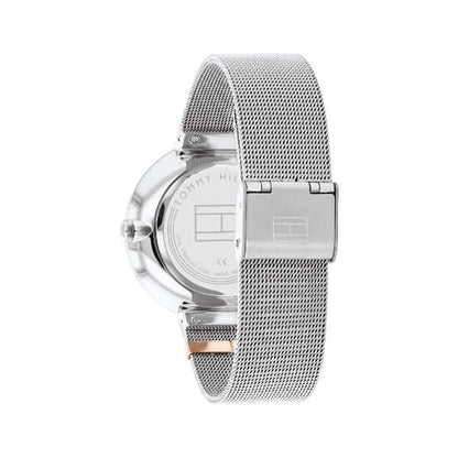 Back view of TOMMY HILFIGER Mod. 1782537 lady's quartz bracelet watch with silver mesh strap and official packaging
