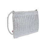 VIPERA Saba handbag in yellow with woven pattern, single compartment, internal pocket, and removable leather strap.