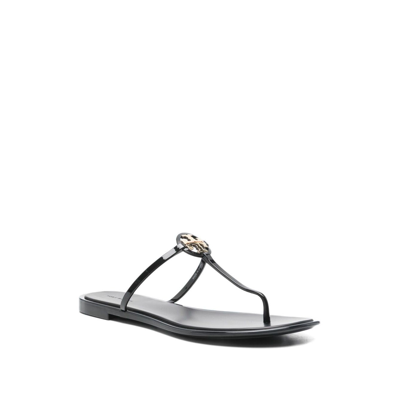 Tory Burch Sandals Black with Double T motif, open almond toe, Mini Miller thong design.