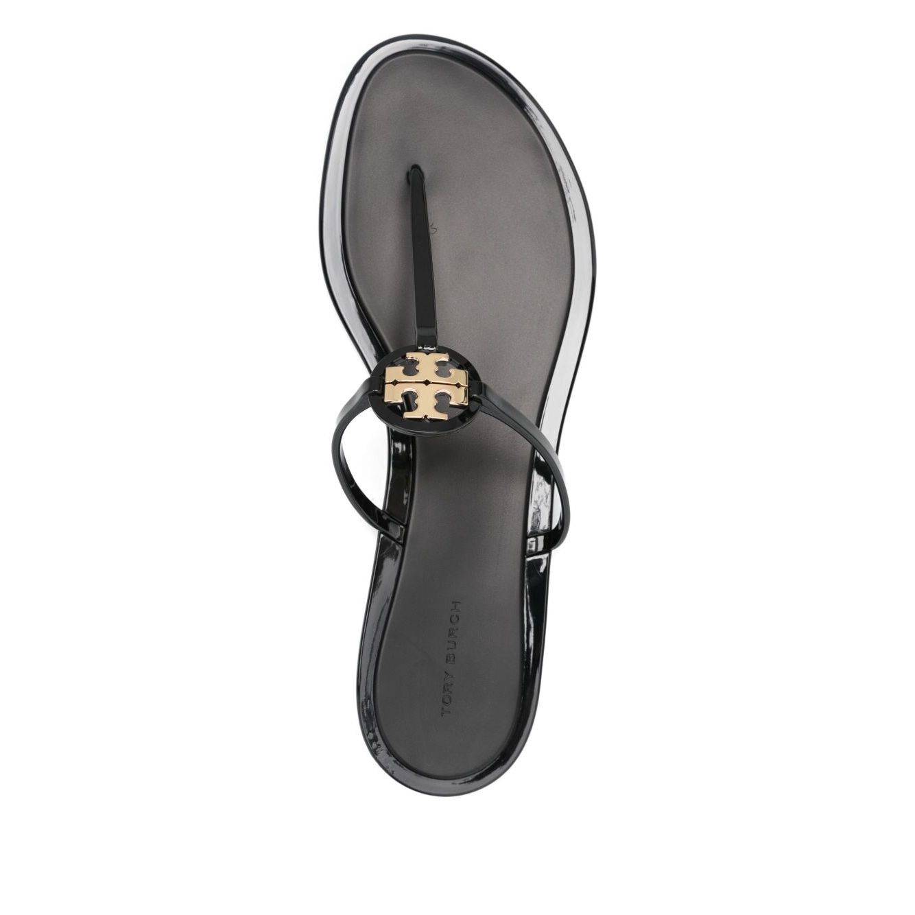 Tory Burch Sandals Black featuring Double T motif, almond open toe, Mini Miller thong style with branded insole.