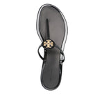 Tory Burch Sandals Black featuring Double T motif, almond open toe, Mini Miller thong style with branded insole.