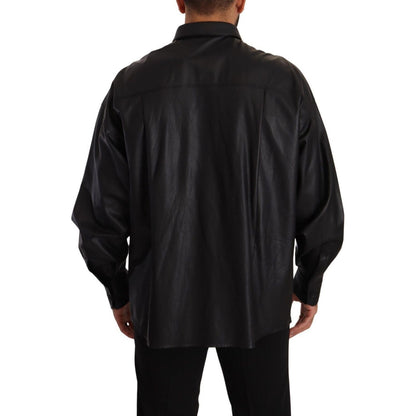 Dolce & Gabbana Black Leather Button Down Men Collared Jacket