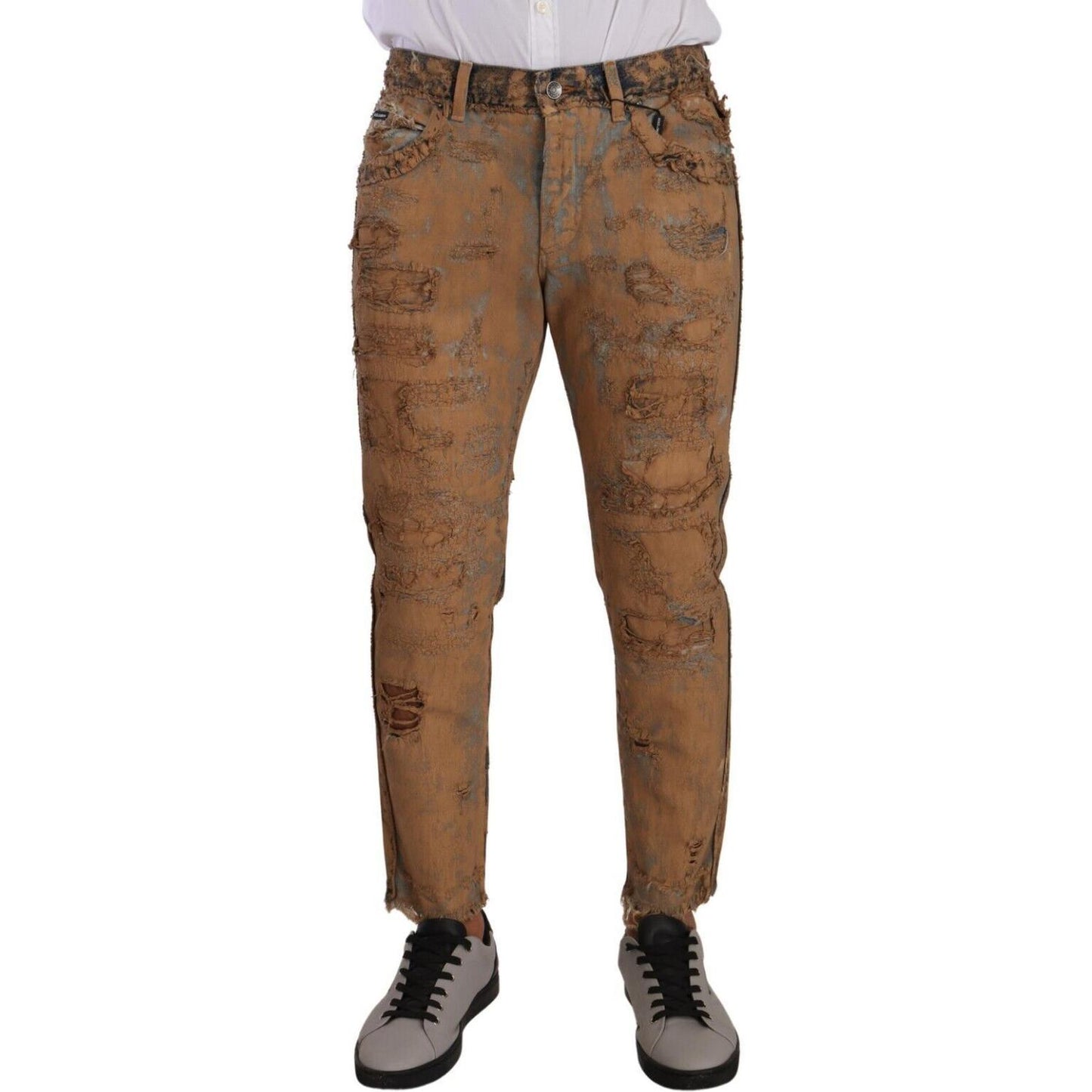 Dolce & Gabbana Brown Distressed Cotton Regular Denim Jeans