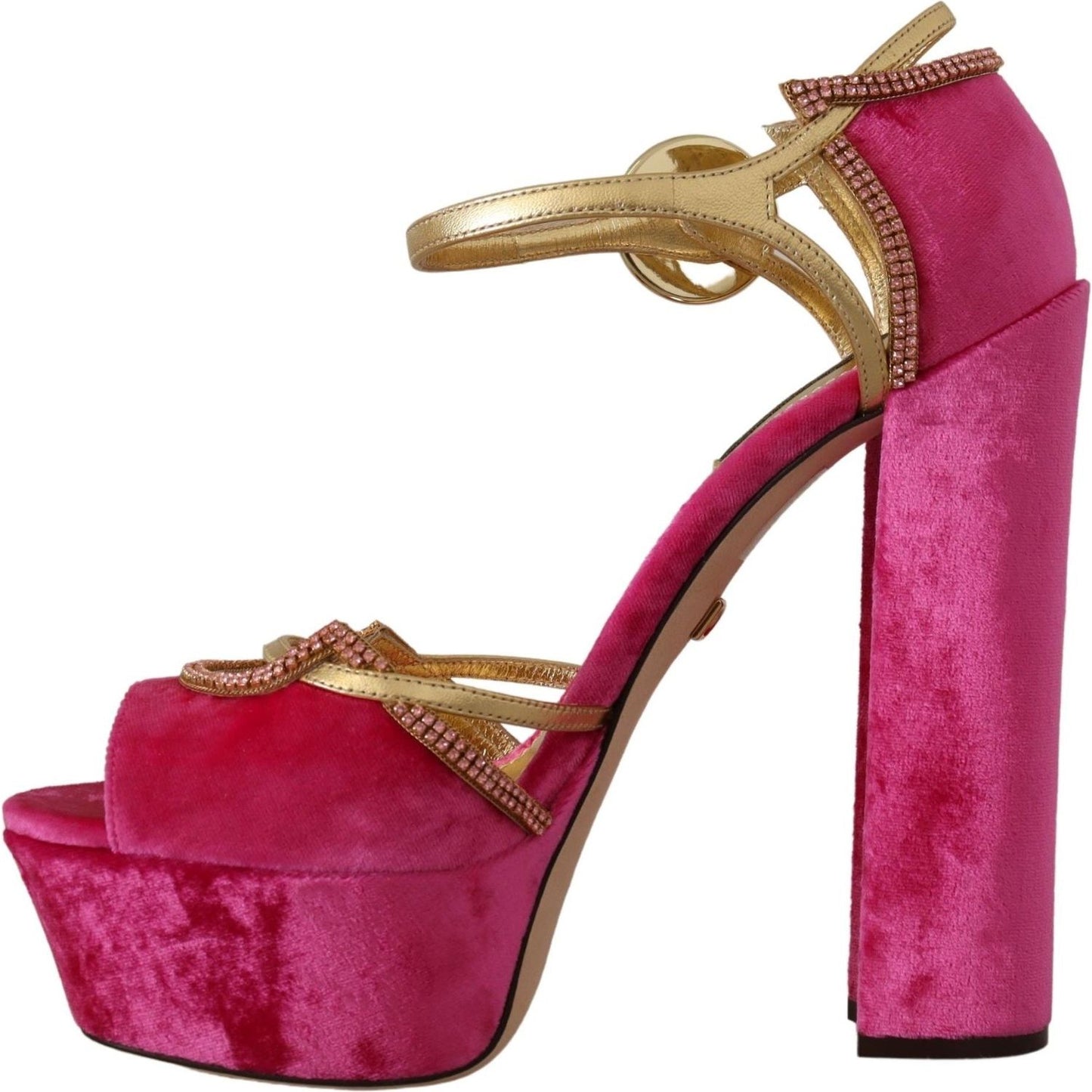 Dolce & Gabbana Pink Velvet Crystal Ankle Strap Sandals Shoes LA9774- 39.5