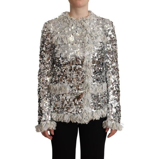 Dolce & Gabbana Silver Sequined Shearling Long Sleeves Jacket