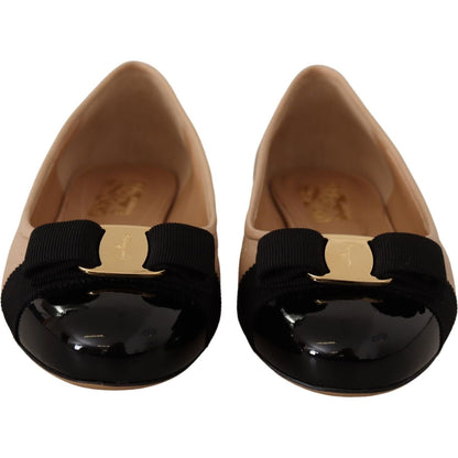 Salvatore Ferragamo Beige and Black Nappa Leather Ballet Flat Shoes WOMAN FLAT SHOES