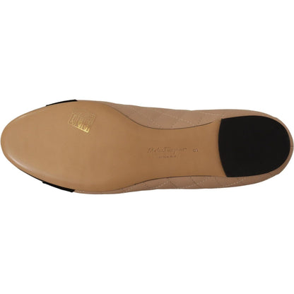 Salvatore Ferragamo Beige and Black Nappa Leather Ballet Flat Shoes WOMAN FLAT SHOES