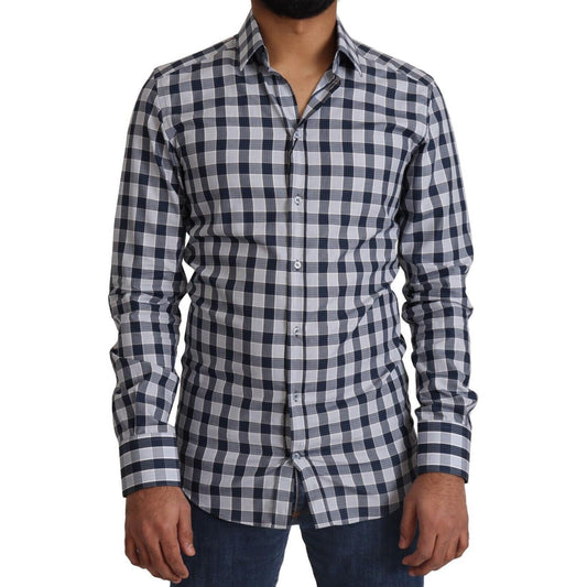 Dolce & Gabbana Blue White Check Cotton Slim Fit GOLD Shirt TSH2346 - 38