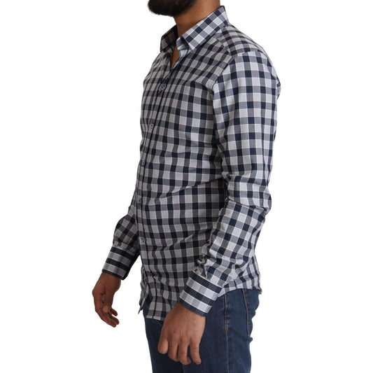 Dolce & Gabbana Blue White Check Cotton Slim Fit GOLD Shirt TSH2346 - 38