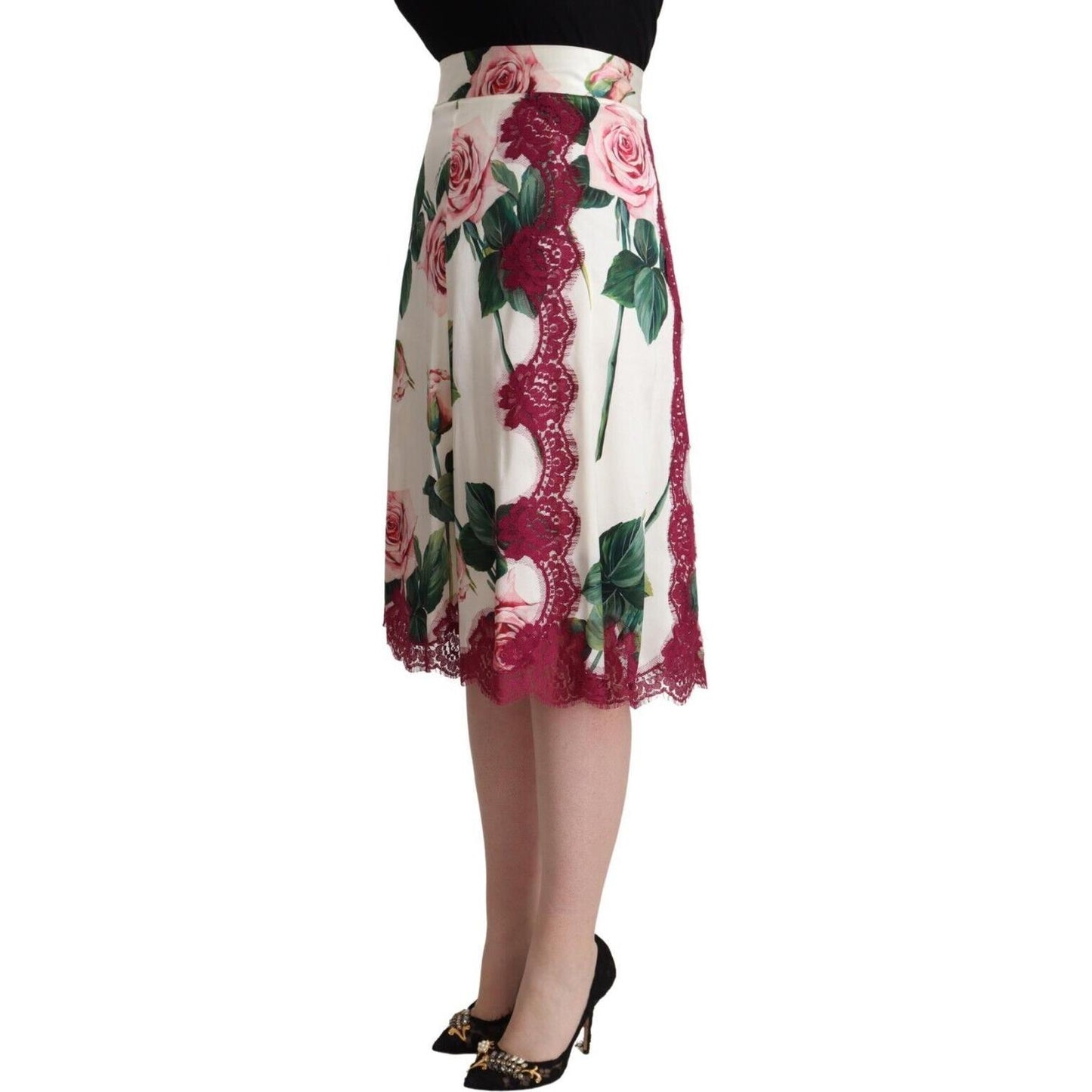 Dolce & Gabbana White Rose Print High Waist Midi A-line Skirt