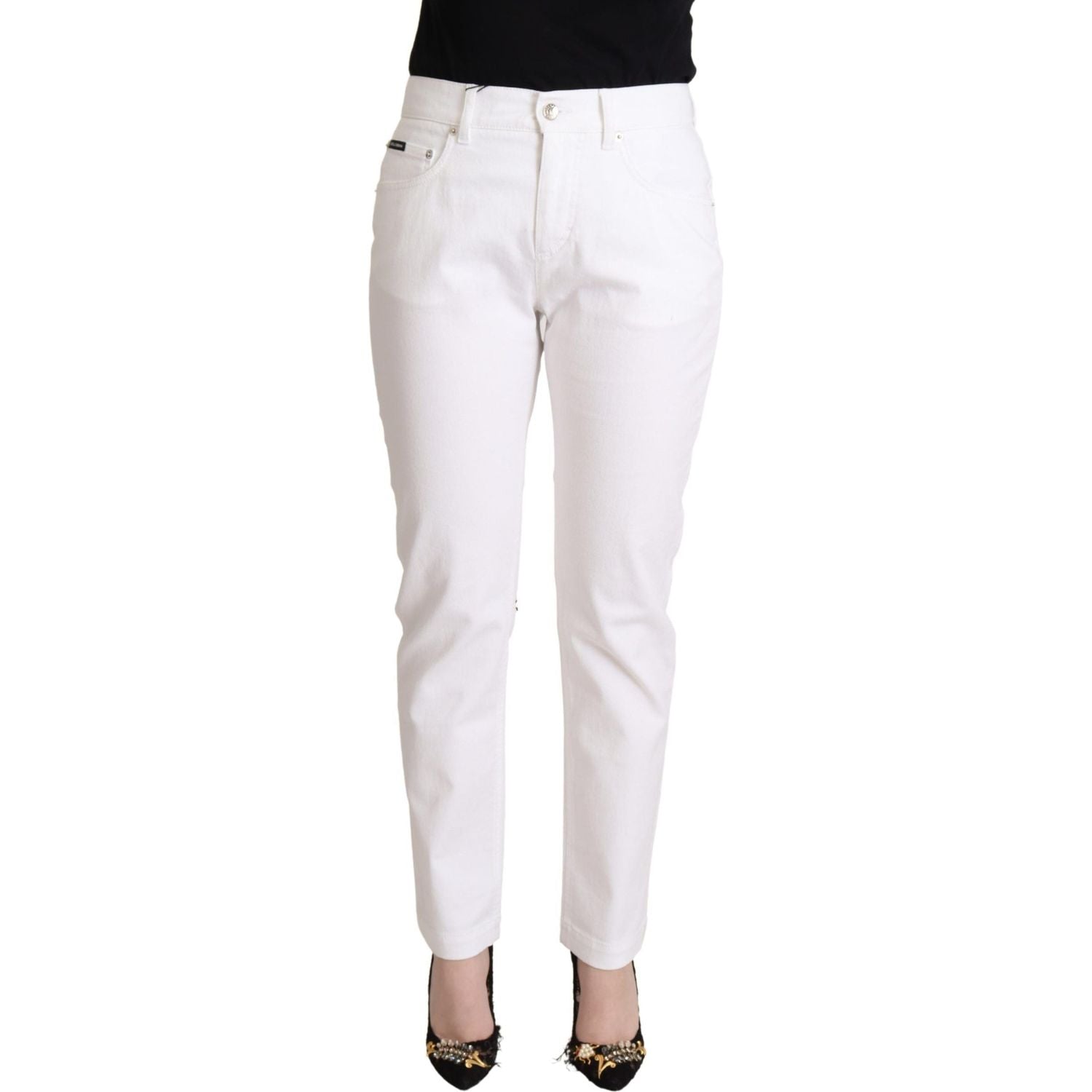 Dolce & Gabbana White Cotton Mid Waist Denim Tapered Jeans