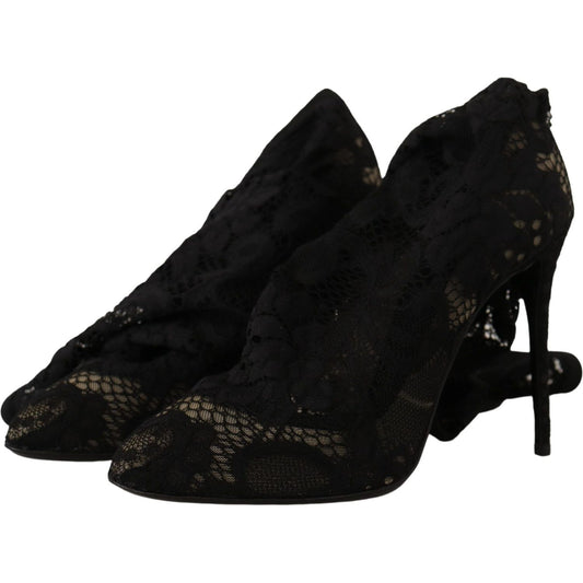 Dolce & Gabbana Black Stretch Socks Taormina Lace Boots Shoes LA9806- 38.5