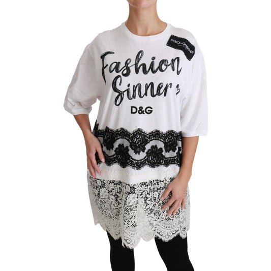Dolce & Gabbana White Fashion Sinner Cotton Lace T-shirt Top TSH4430- 38