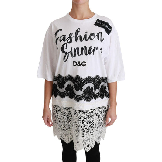 Dolce & Gabbana White Fashion Sinner Cotton Lace T-shirt Top TSH4430- 38