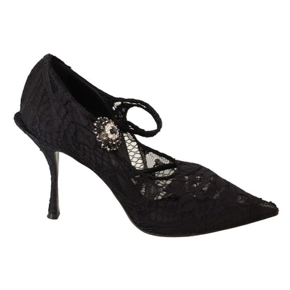 Dolce & Gabbana Black Lace Crystals Heels Mary Jane Pumps Shoes