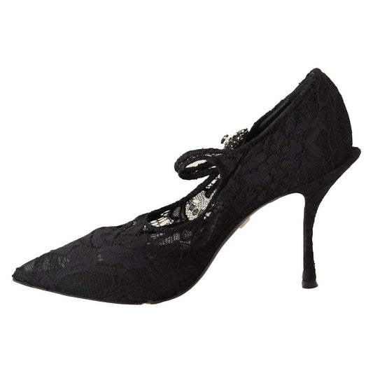 Dolce & Gabbana Black Lace Crystals Heels Mary Jane Pumps Shoes LA9842 - 38