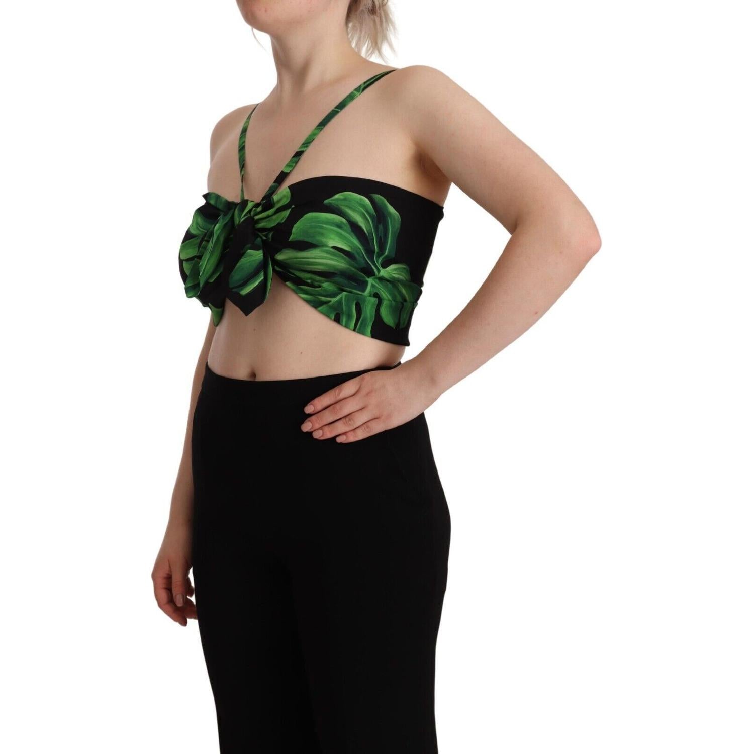Dolce & Gabbana Black Green Leaf Silk Halter Cropped Top