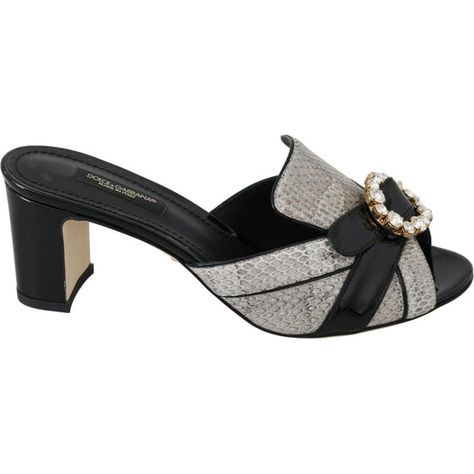 Dolce & Gabbana Black Gray Exotic Leather Crystals Sandals Shoes LA6265 - 37