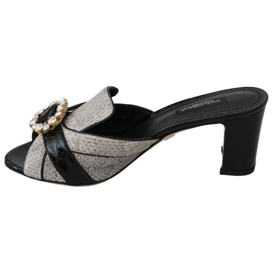 Dolce & Gabbana Black Gray Exotic Leather Crystals Sandals Shoes LA6265 - 37