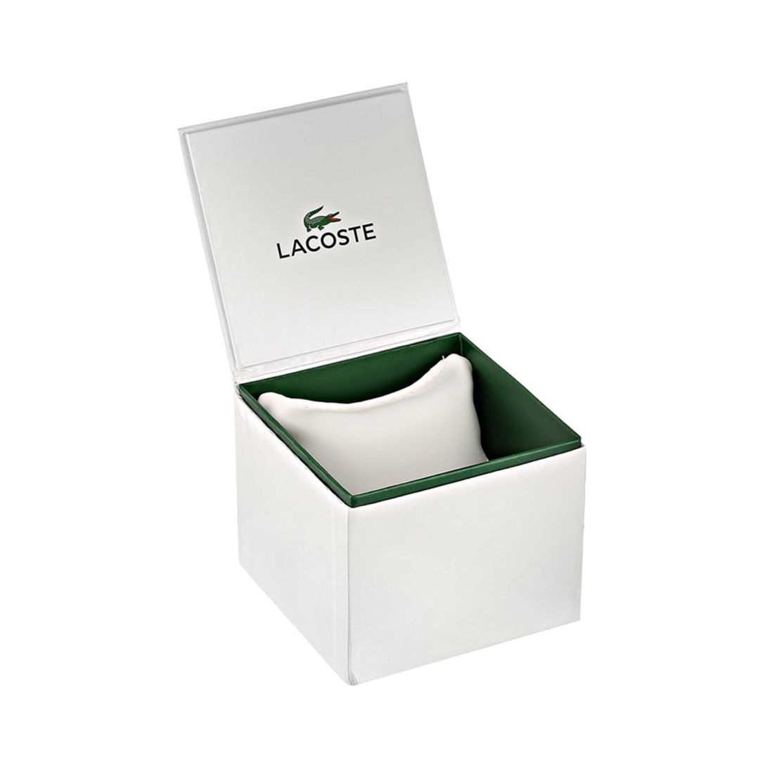 Official LACOSTE Mod. 2011142 packaging with branded box for quartz analog multifunction gents bracelet, water resistant 3 ATM.