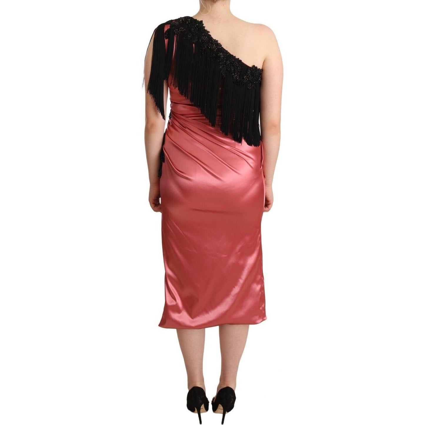 Dolce & Gabbana Pink One-Shoulder Silk Tassel Fringe Gown Mid Dress DR28294 - 42