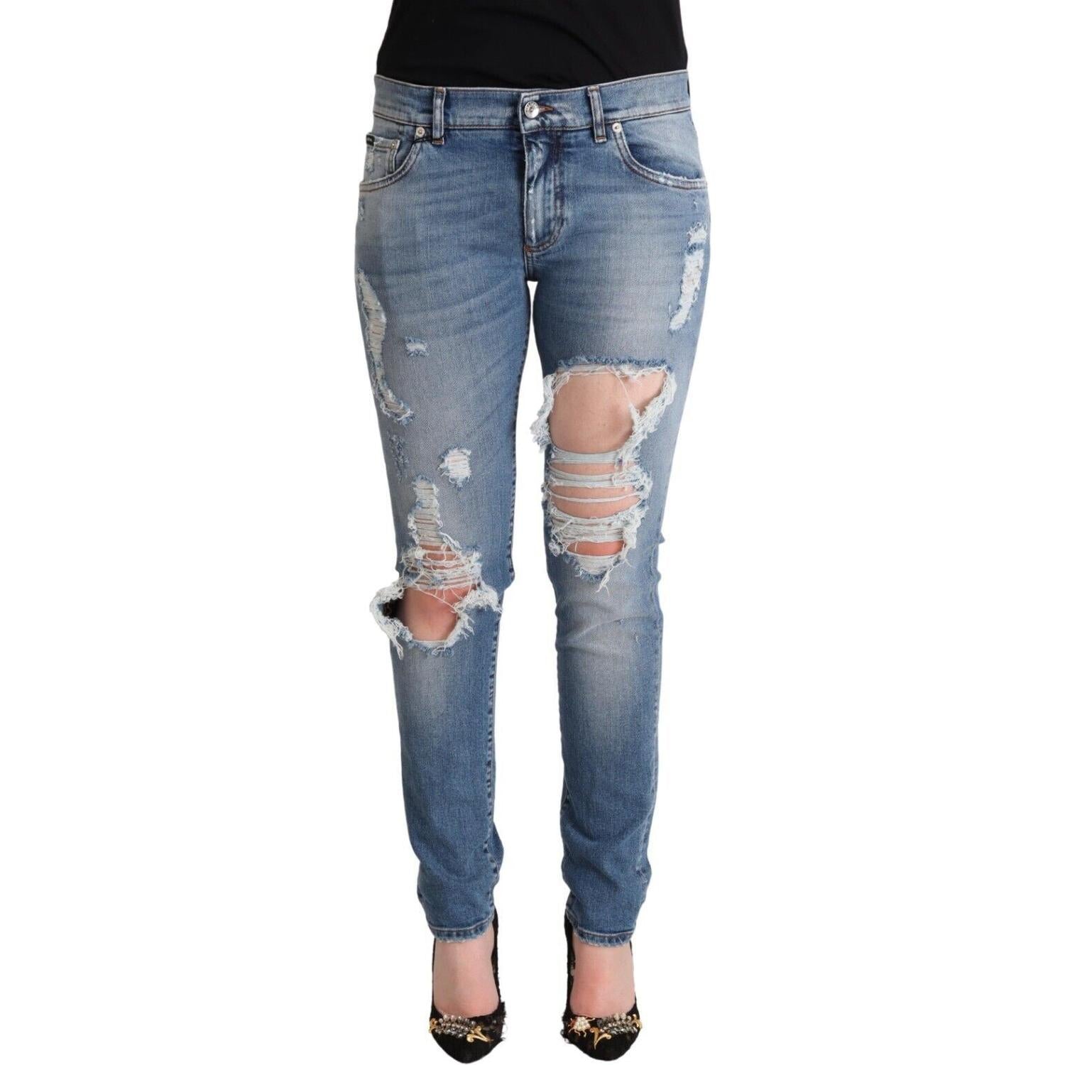 Dolce & Gabbana Blue Distressed Cotton Denim Skinny Jeans