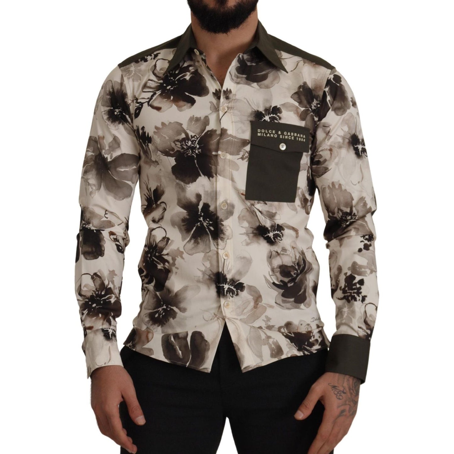 Dolce & Gabbana Green Beige Floral Cotton Stretch Exclusive Shirt