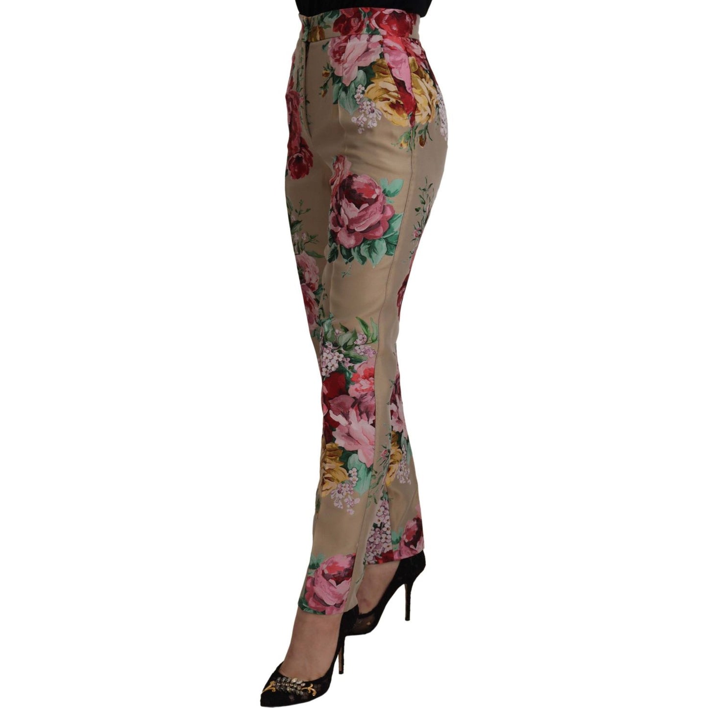 Dolce & Gabbana Beige Floral Dress Formal High Waist Pants