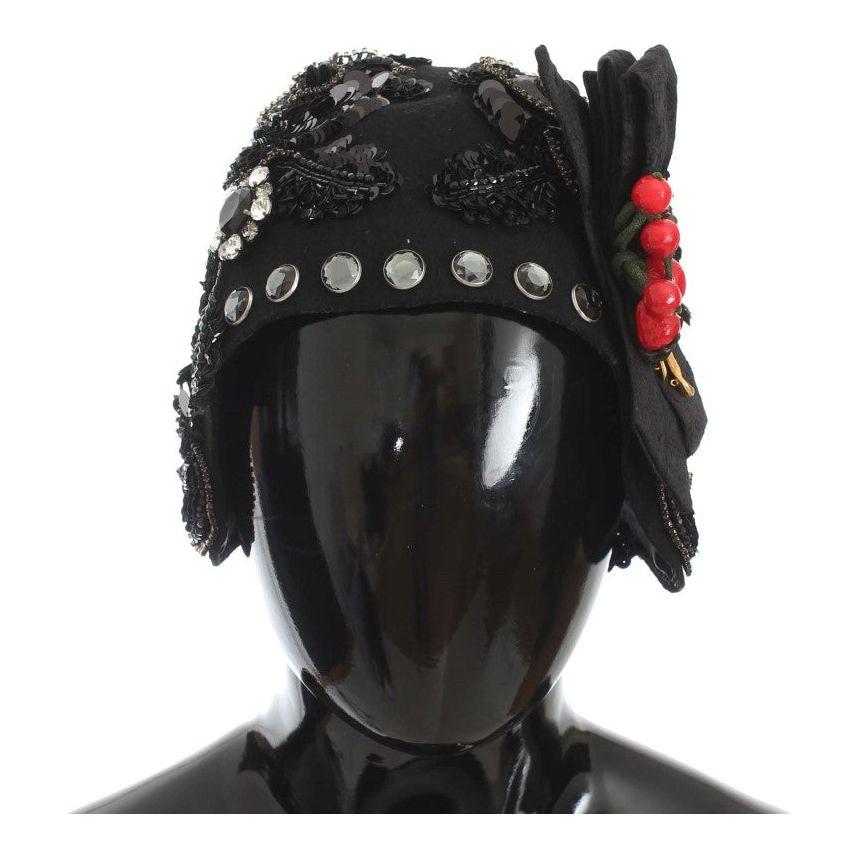 Dolce & Gabbana Black Crystal Gold Cherries Brooch Hat MS883