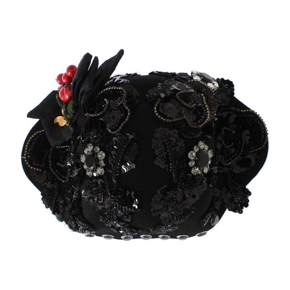 Dolce & Gabbana Black Crystal Gold Cherries Brooch Hat MS883