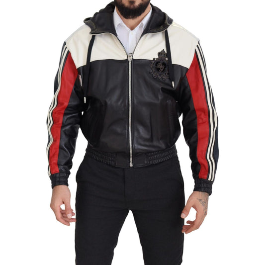 Dolce & Gabbana Black Leather Hooded Blouson Coat Jacket