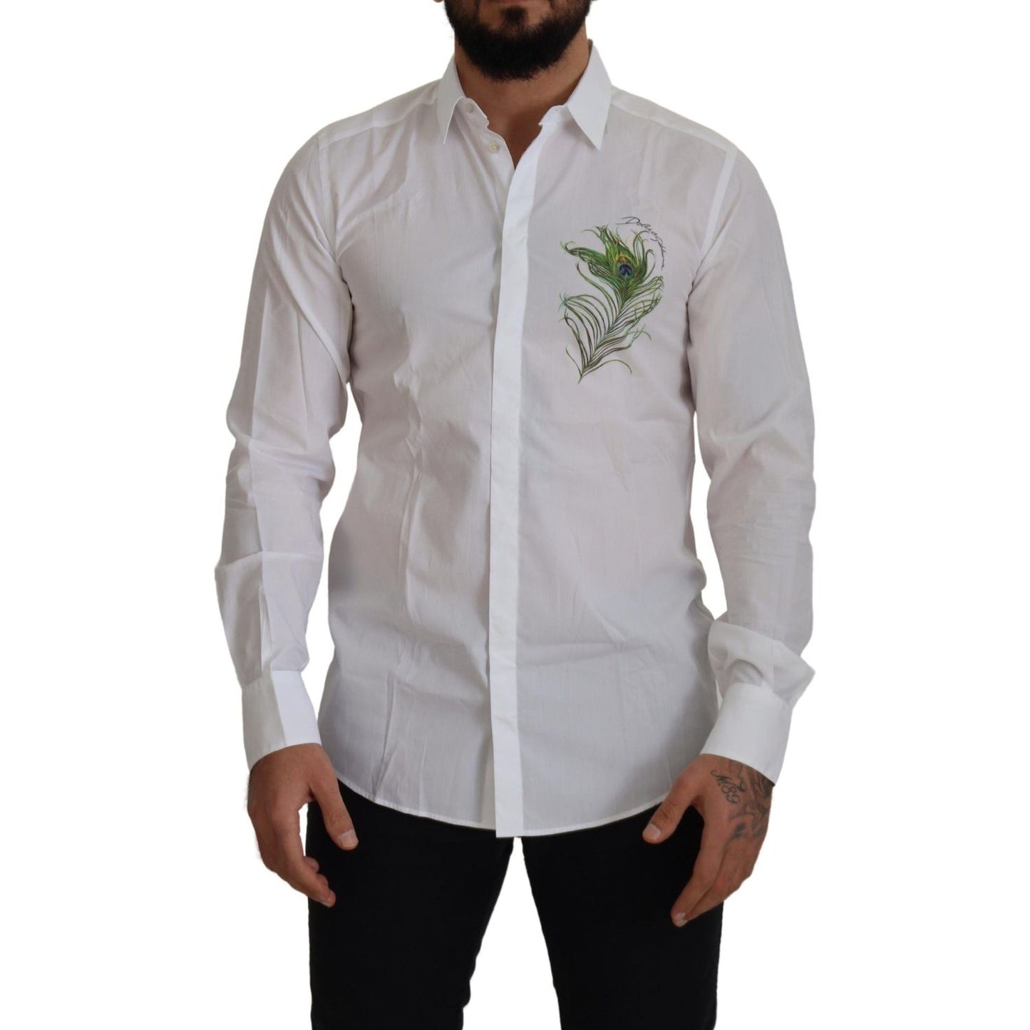 Dolce & Gabbana White Cotton Peacock Feather Formal GOLD Shirt TSH7502- 41