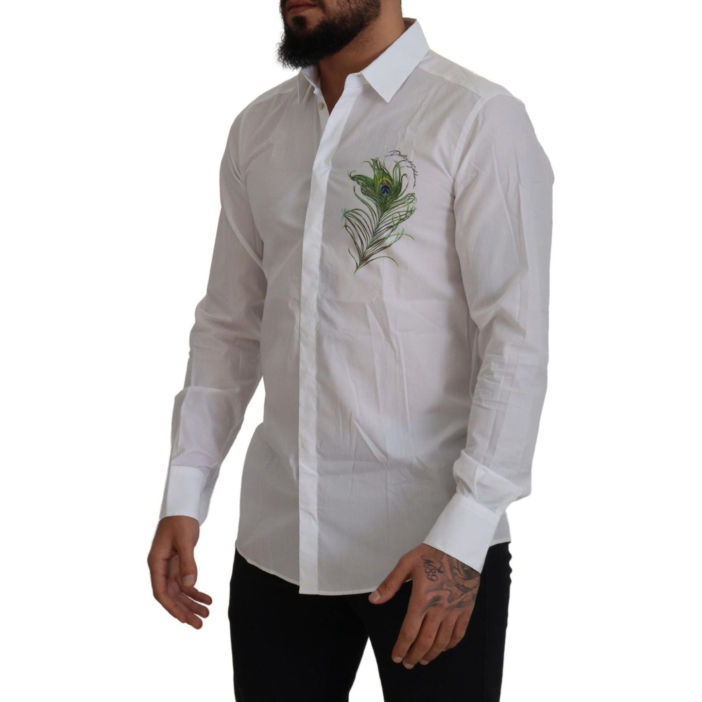 Dolce & Gabbana White Cotton Peacock Feather Formal GOLD Shirt TSH7502- 41