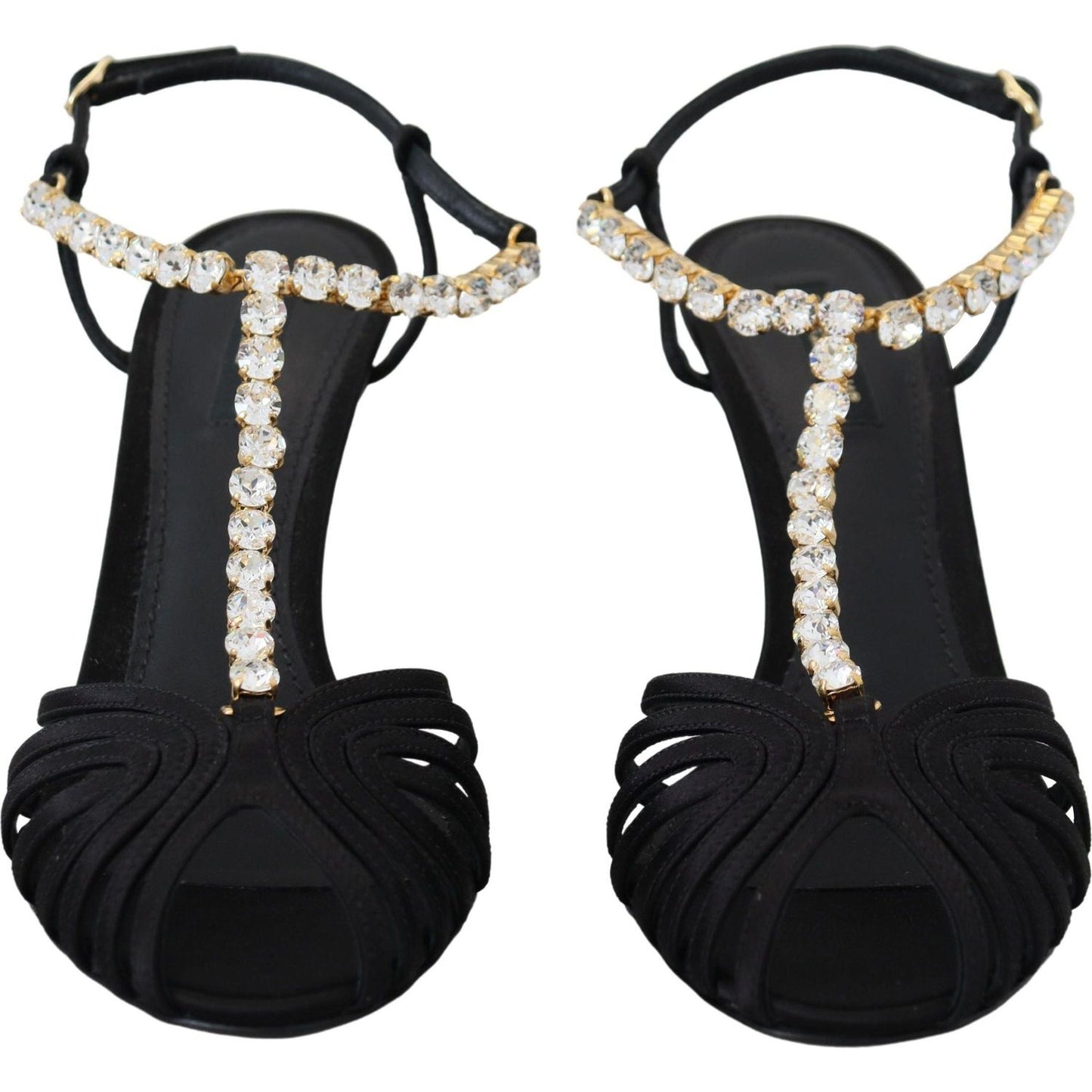 Dolce & Gabbana Black Satin Clear Crystal T-strap Sandal Shoes LA10077- 35.5