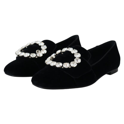 Dolce & Gabbana Black Velvet Crystals Loafers Flats Shoes