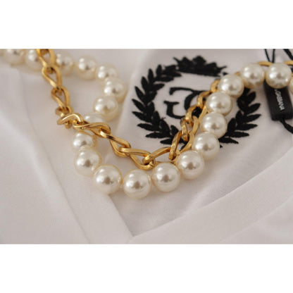 Dolce & Gabbana White Necklace Embellished Neckline T-shirt Top