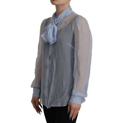 Dolce & Gabbana Light Blue Silk Ascot Collar Long Sleeves Top