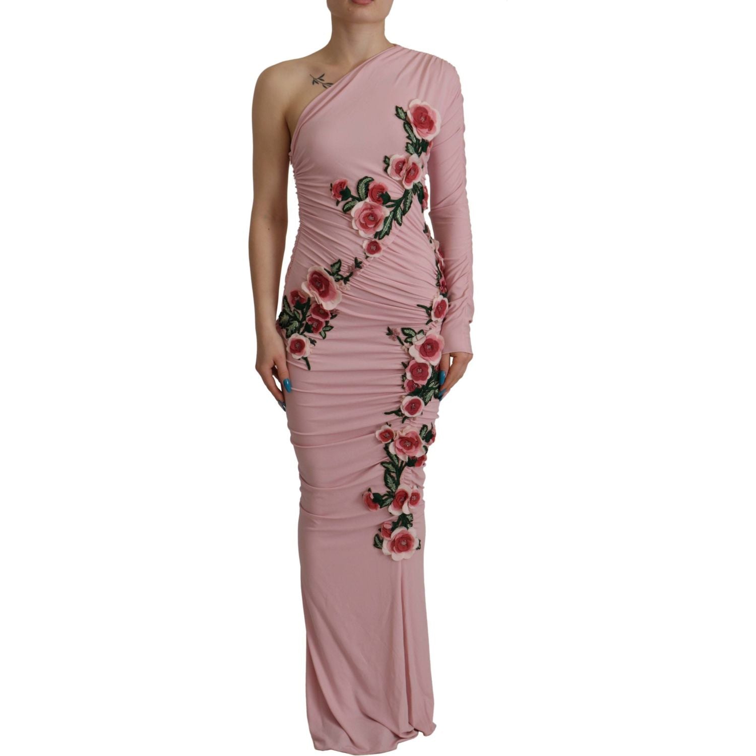 Dolce & Gabbana Pink Flower Embellished One Shoulder Dress