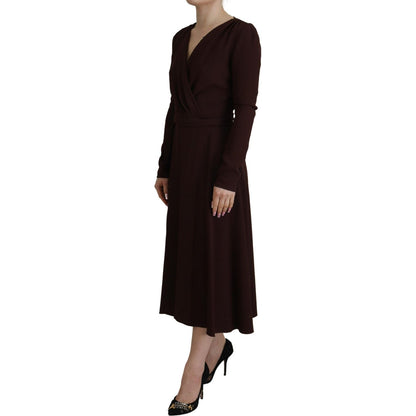 Dolce & Gabbana Brown Wrap Long Sleeve Midi Stretch Dress