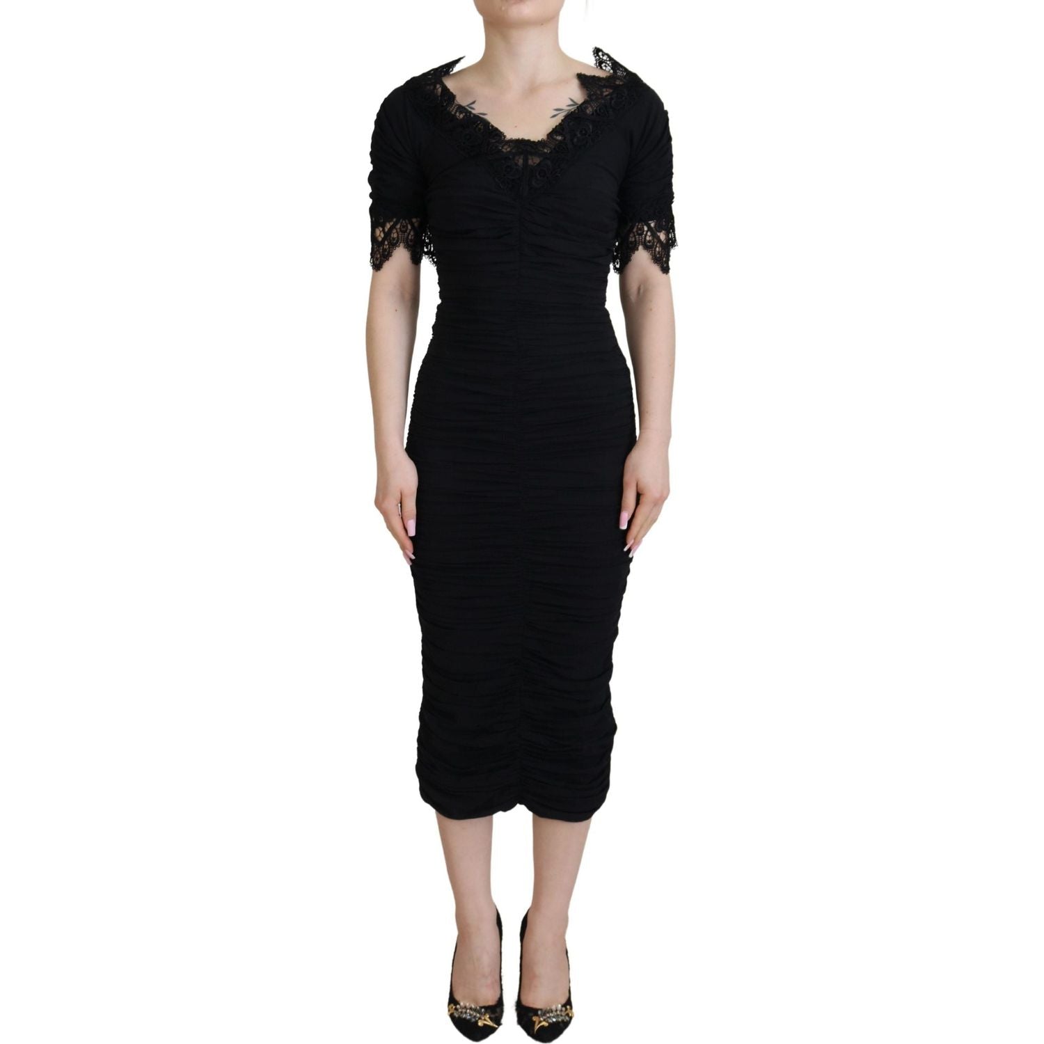 Dolce & Gabbana Black Sheath Midi Bodycon Lace Silk Dress