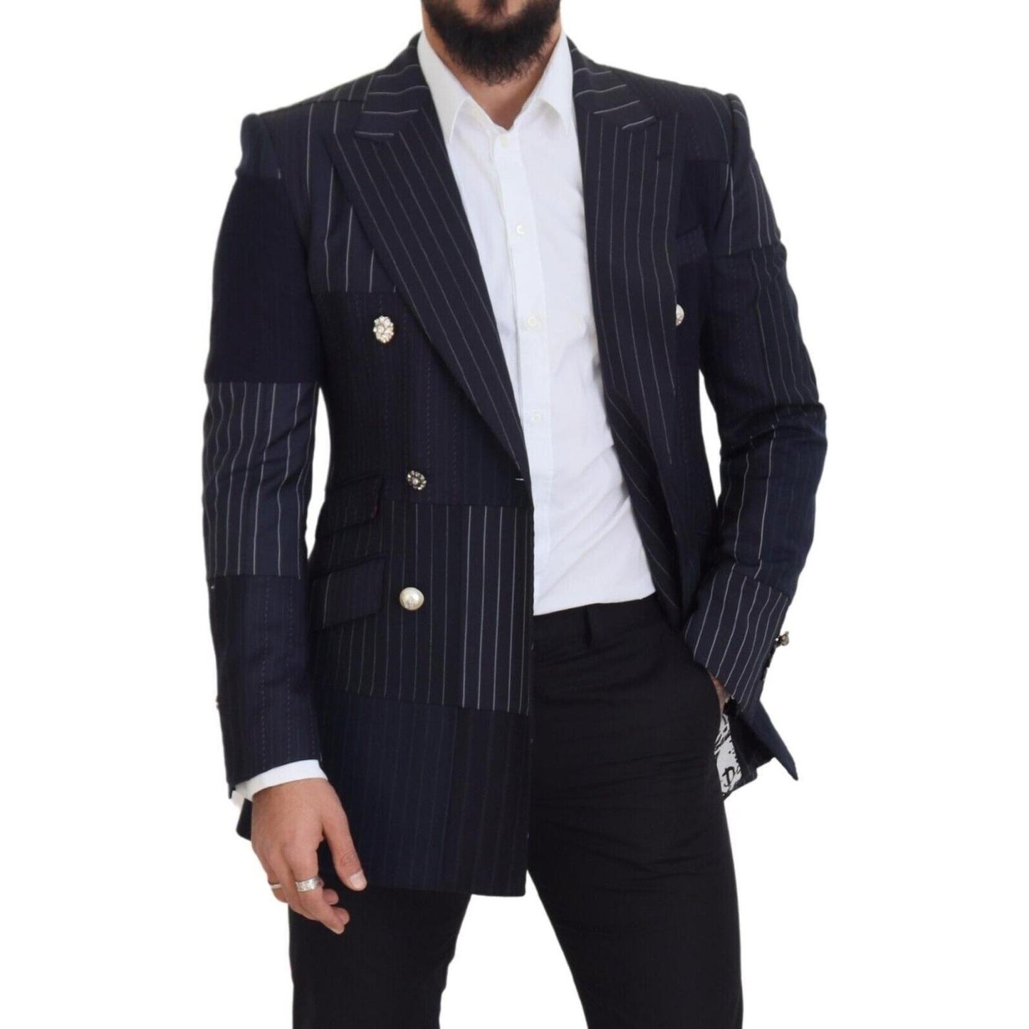Dolce & Gabbana Blue Wool Patchwork Double Breasted Blazer JKT3433 - 48