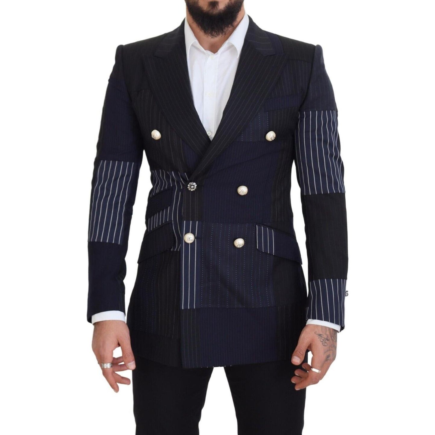 Dolce & Gabbana Blue Wool Patchwork Double Breasted Blazer JKT3452 - 46